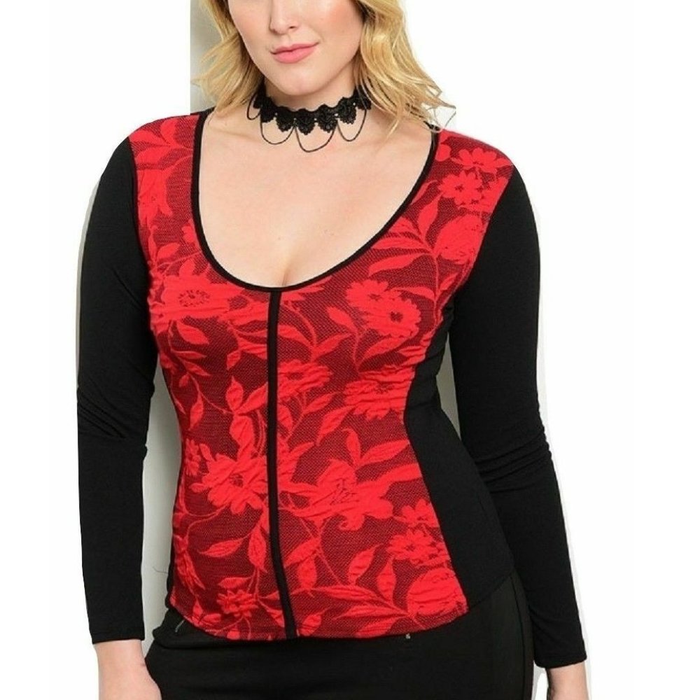 Point Ladies Sweater Knit Top Floral Scoop Neck Red Size 3XL NWOT